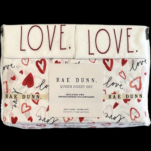 Rae Dunn Other - Rae Dunn Valentines Sheets Queen 4 piece Set Red hearts on white sheets LOVE